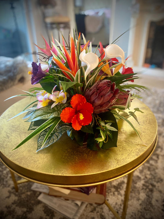 Hibiscus Paradise . 19x19x15  Tropical Centerpiece.  Beautiful Bird of paradise, King Protea,  Hibiscus, Orchids stems.  Artificial, Faux.