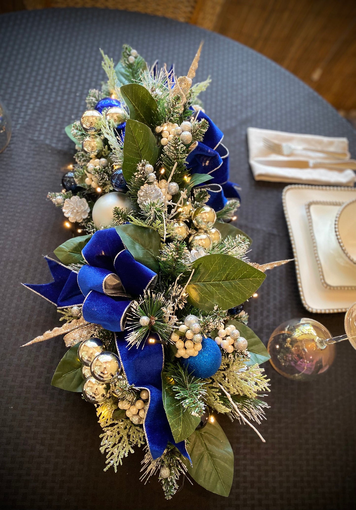 Blue Velvet Holiday Table Runner with Silver Trim, LED Lights