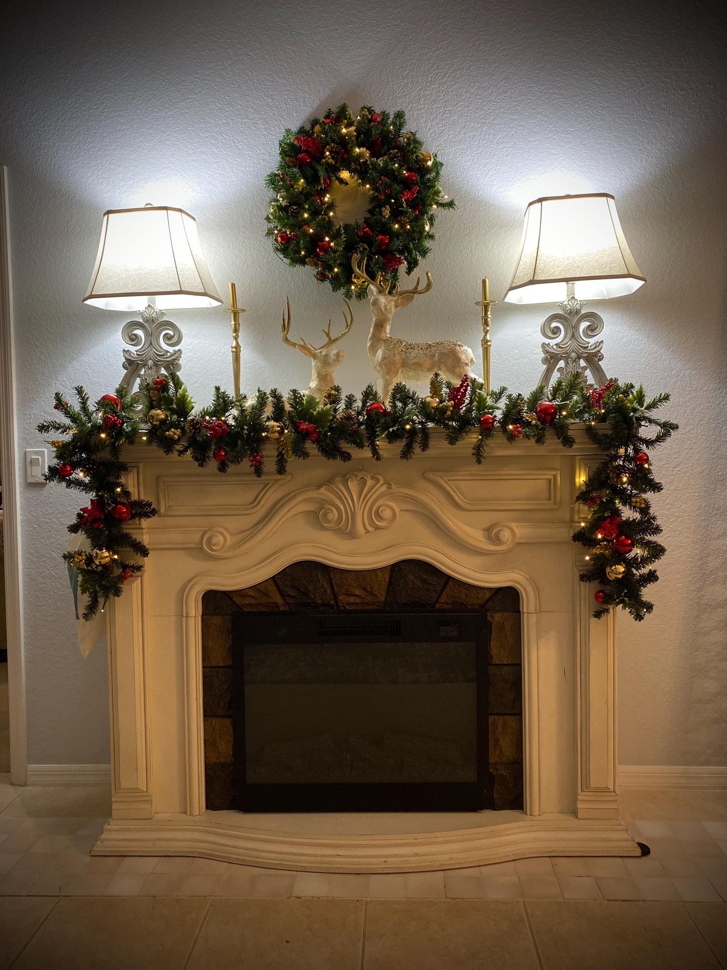 Economical Holiday Decor Set. Artificial and Simple Pre Decorated Pre Lighted Wreath with 9' Garland Included Cordless Light with Timer.
