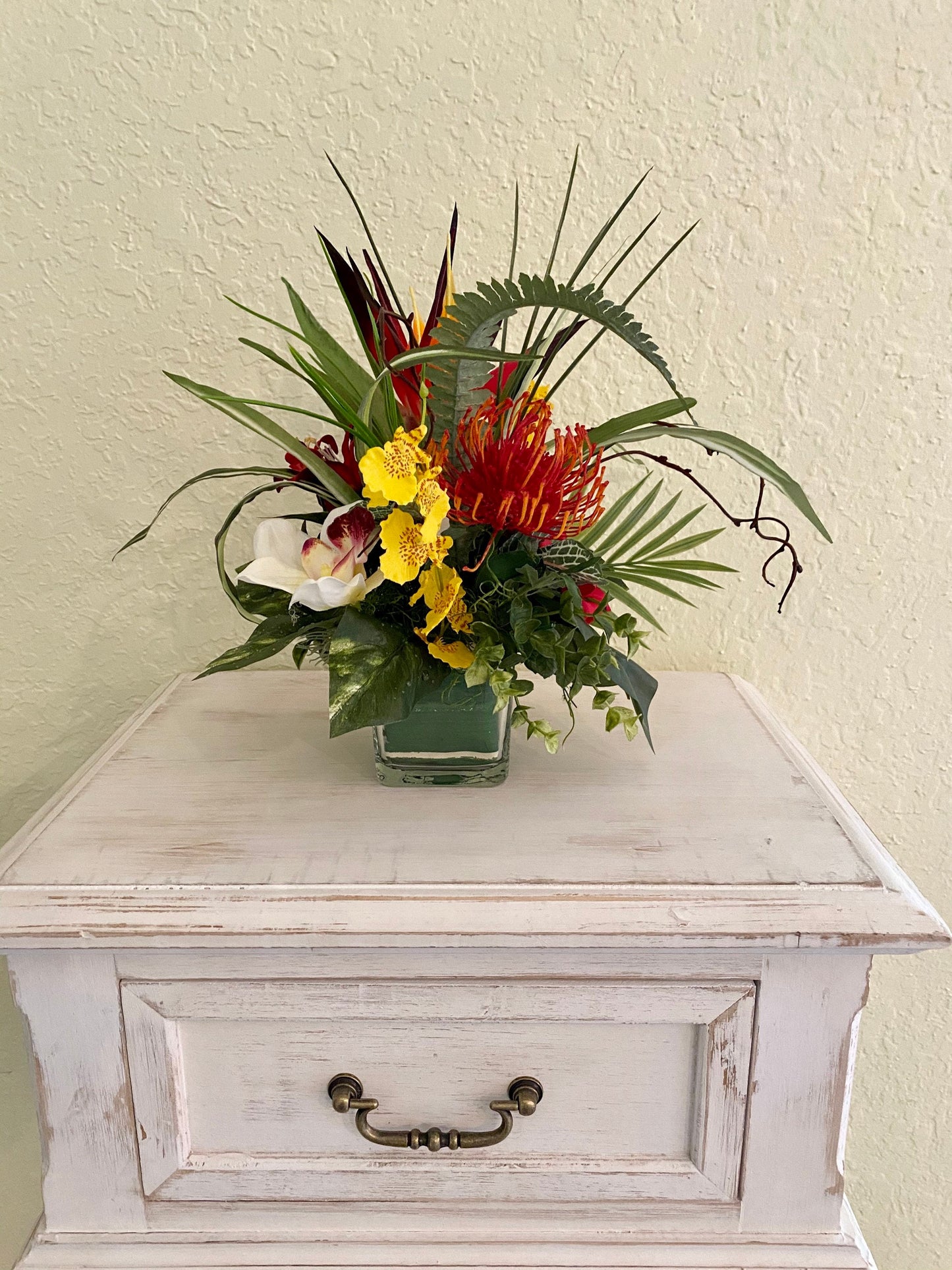 2 PC Set Tropical Floral Arrangement, Bird of Paradise in Glass Cube, 2pc Set