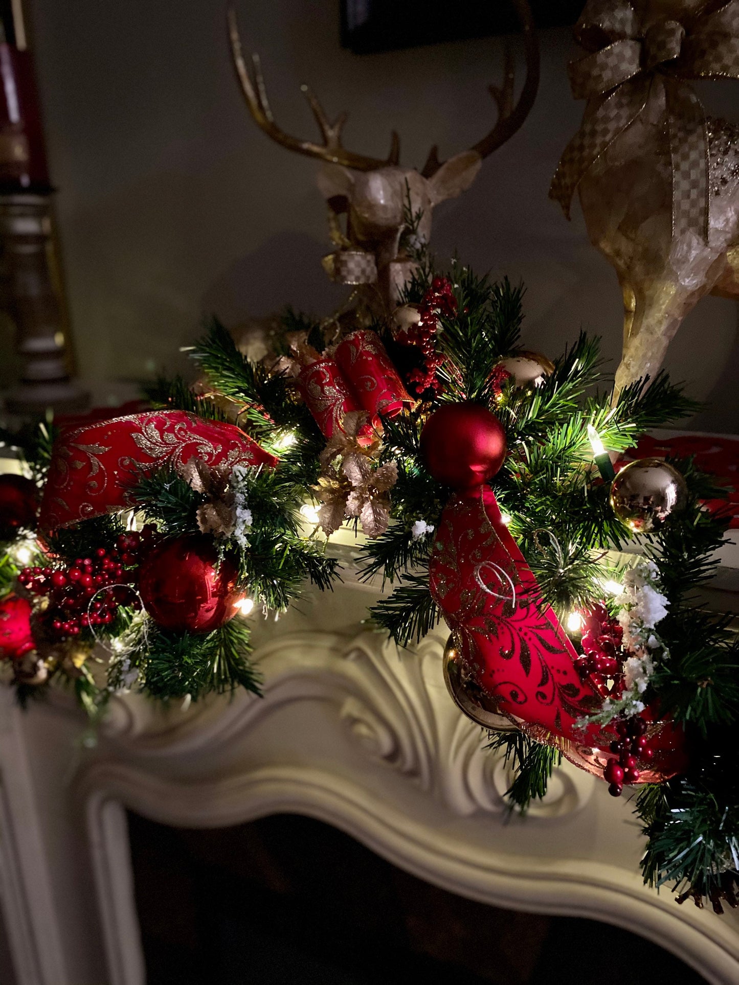 Christmas Garland. Red Velvet Ribbon with gold trimmings/ backing, Cordless, FREE SHIPPING,  50 LED light cordless with timer,