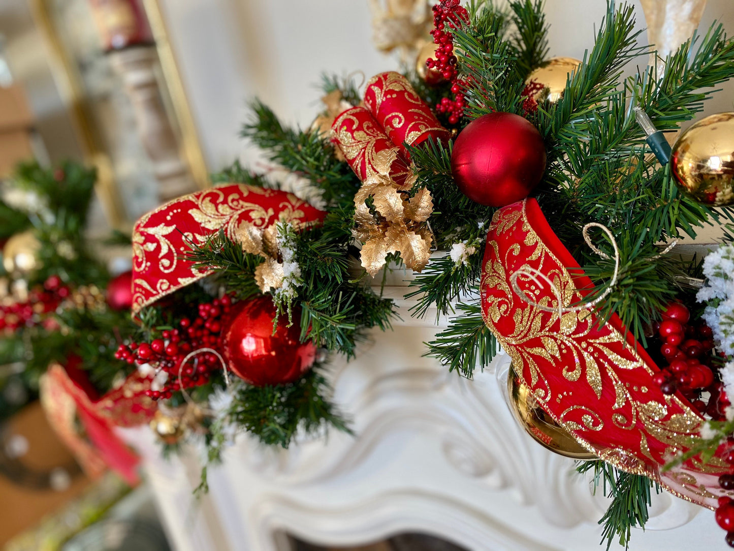 Christmas Garland for Mantle, Silk, Pre-Decorated, Pre-Lit Battery Operated Light with Auto on/off Timer, Free Shipping, # Feather garland