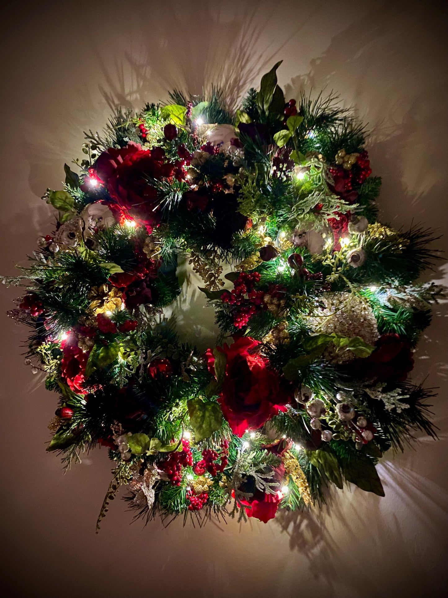 Wonderful Holiday Red Peony Wreath 2025 design.  Red Peony Artificial Wreath, 26" and up, LED cordless light. Free Shippings.