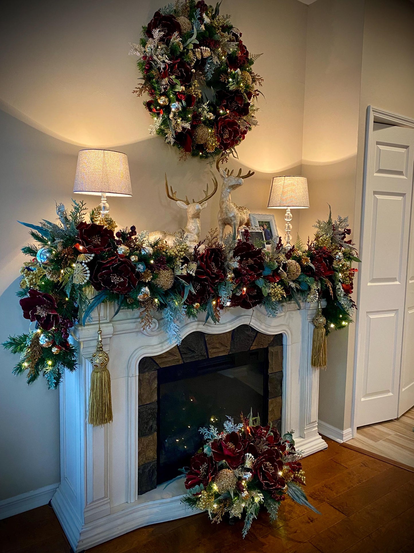 Signature Design, 3 pc set .   Stunning “Pinot Noir Magnolia”  Wreath,Garland and Center Piece,  Cordless LED light with Automatic Timer,