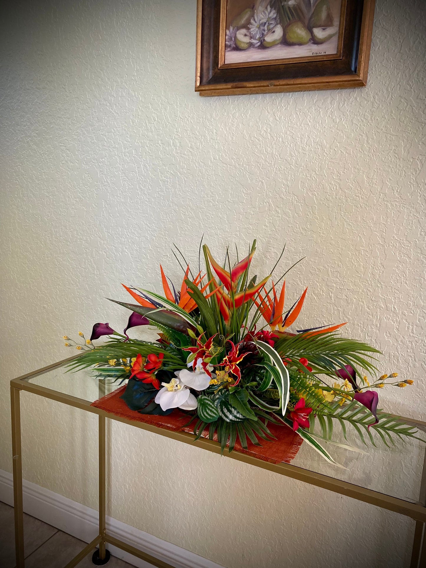 Large Artificial Tropical Heliconia Arrangement /   Faux 32" Floral Centerpiece with Coral Fan.