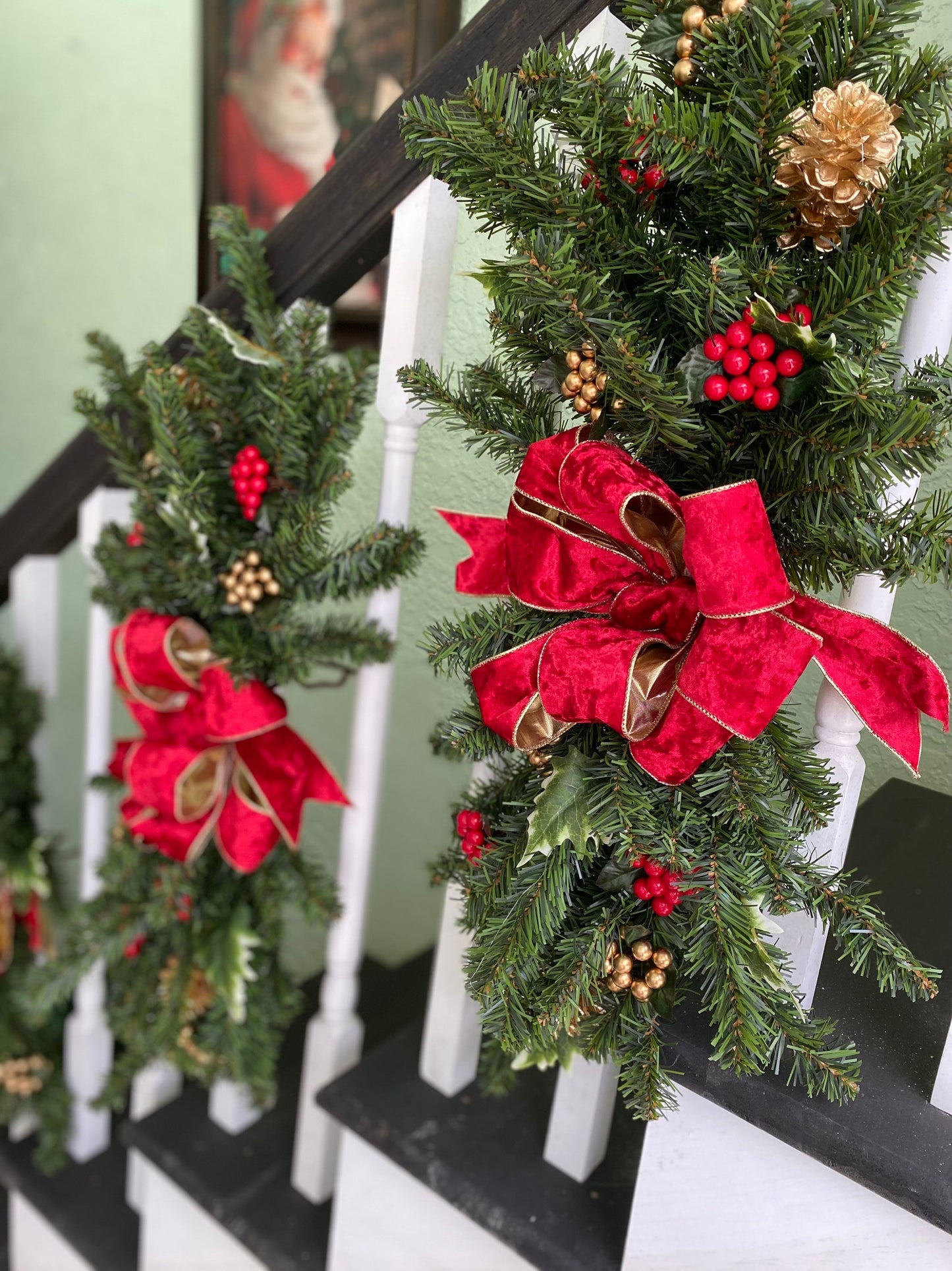 3 pc Set Christmas Swag for Stairs,  Pre Lit with Automatic Timer  6 hours on 18hours off,  Free Shipping, Red, Vertical Swags