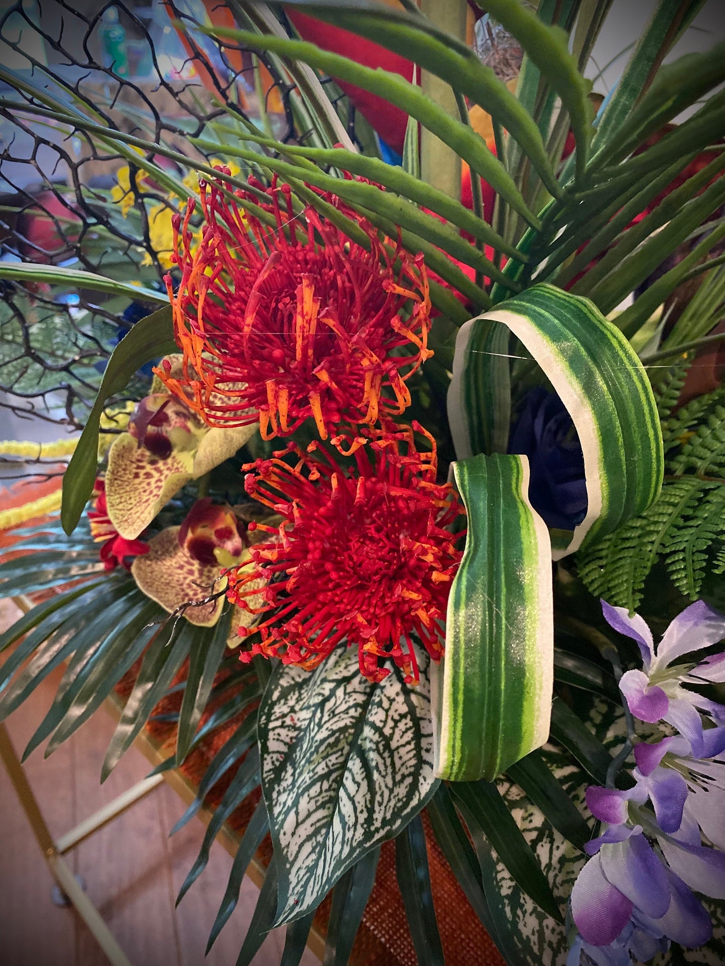 Heliconia and Blue Paradise Accent. Amazingly life like Arrangement. Artificial. Bird of paradise, Orchid and Coral fan. 30"x16"x17" h