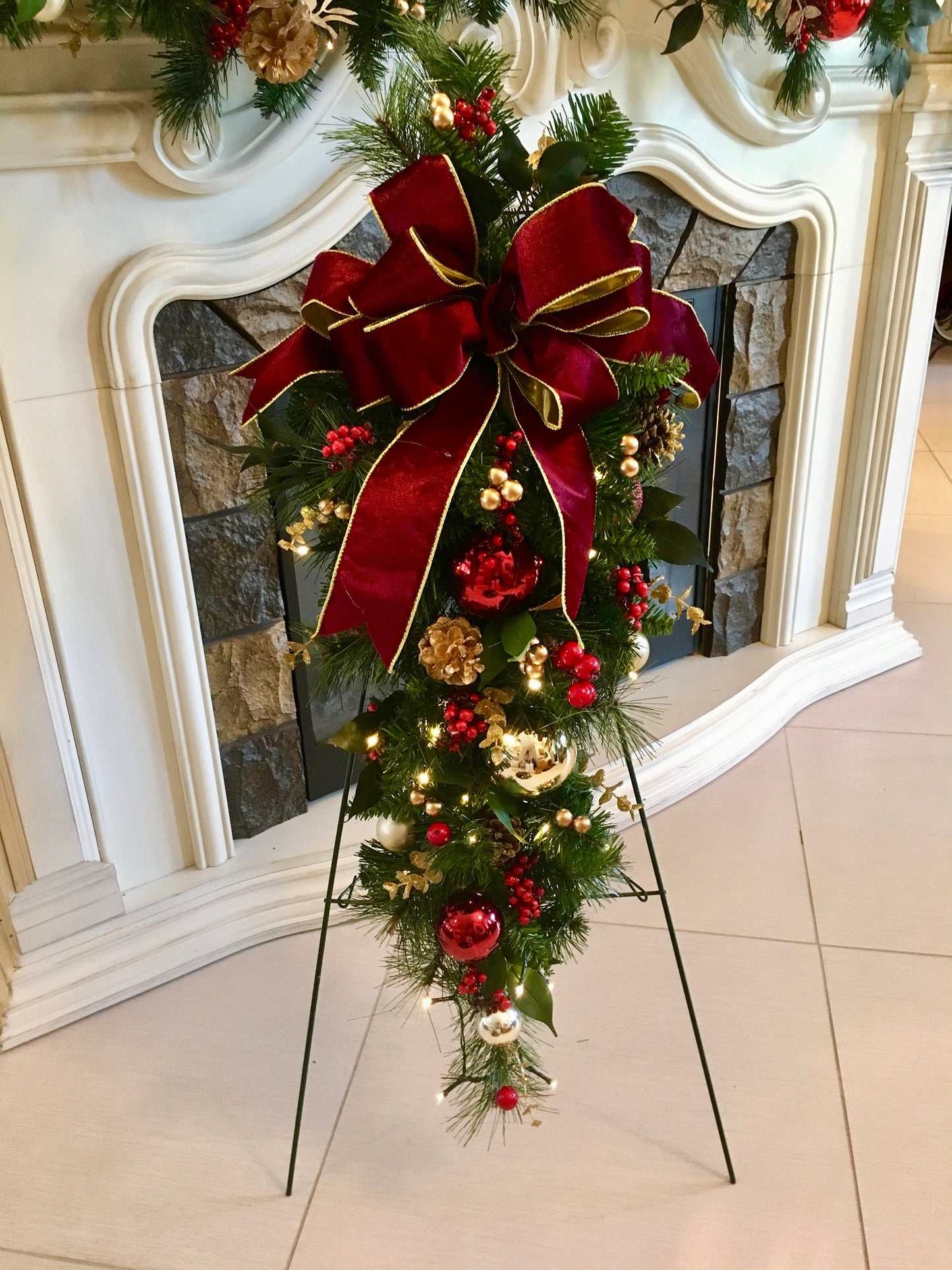 4 PC Set Christmas Wreath & Garland Set / Burgundy  Velvet Ribbons , FREE SHIPPING, Cordless, Pre-lit, Original,