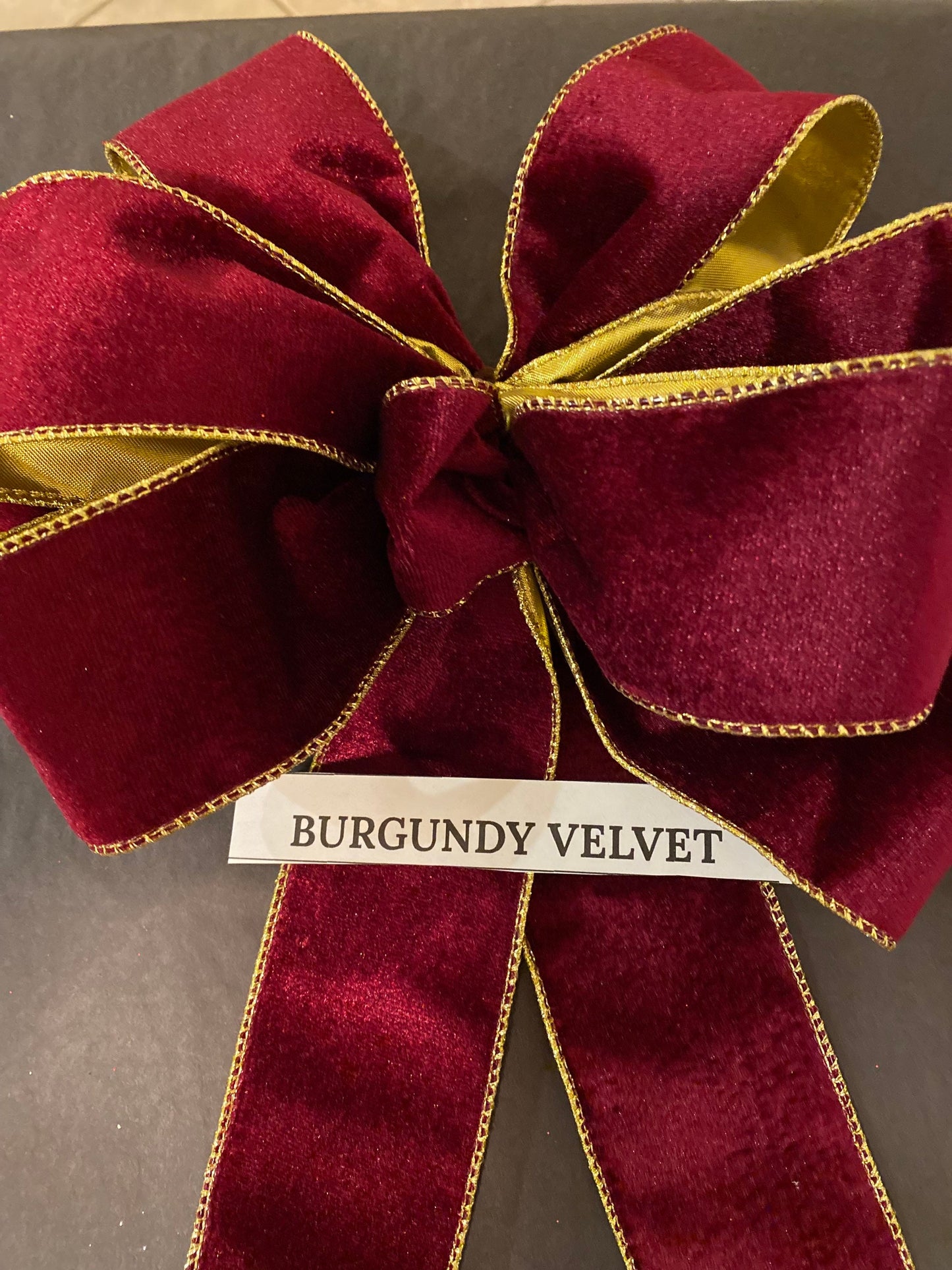 Velvet Christmas Bow, Burgundy Gold Scroll, Wire Edge Ribbon