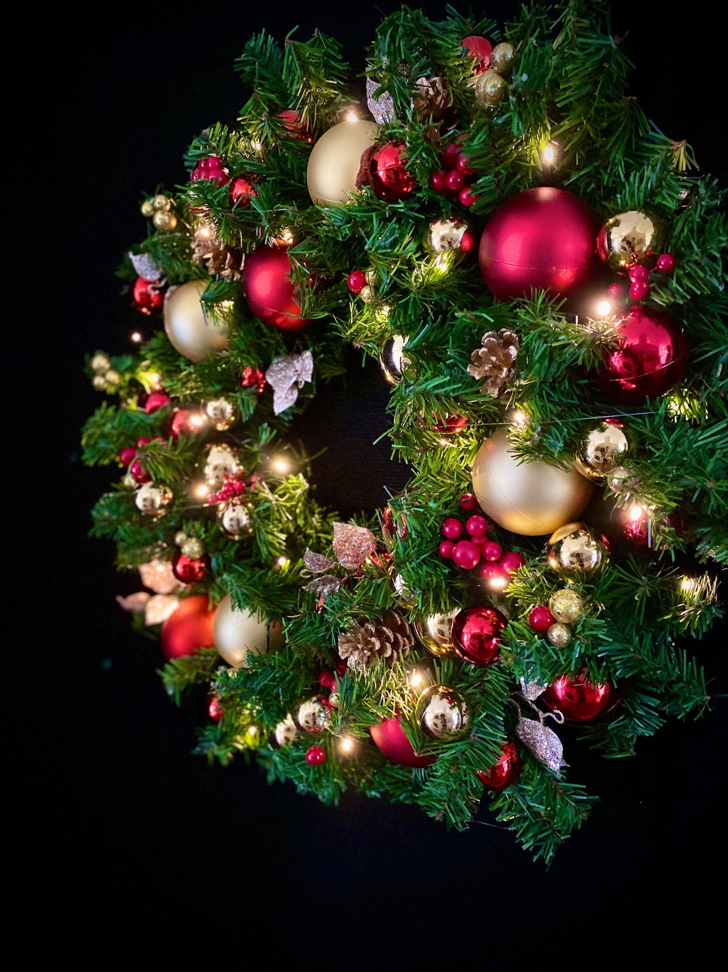 On Sale !!  Wreath, Economical, 23inch Red Wreath, Red and Gold Wreath, Cordless, LED  Timed light, Elegant Wreath, Battery Operated,