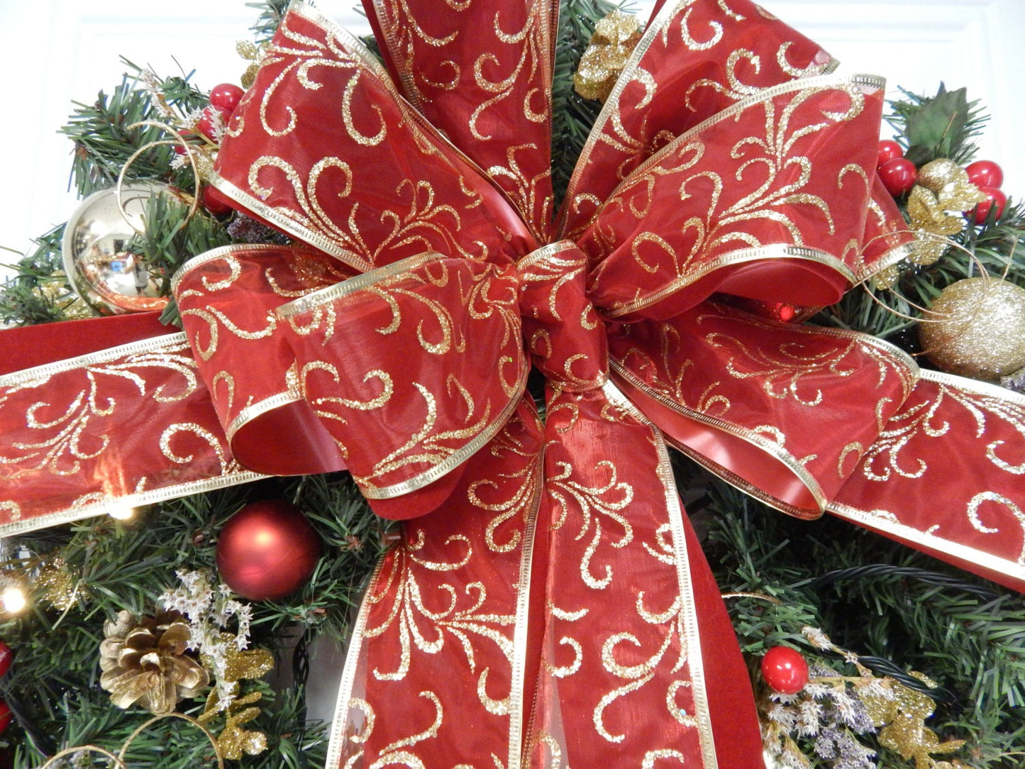 Red Christmas Wreath, Lighted with Timer, Holiday Door Decor
