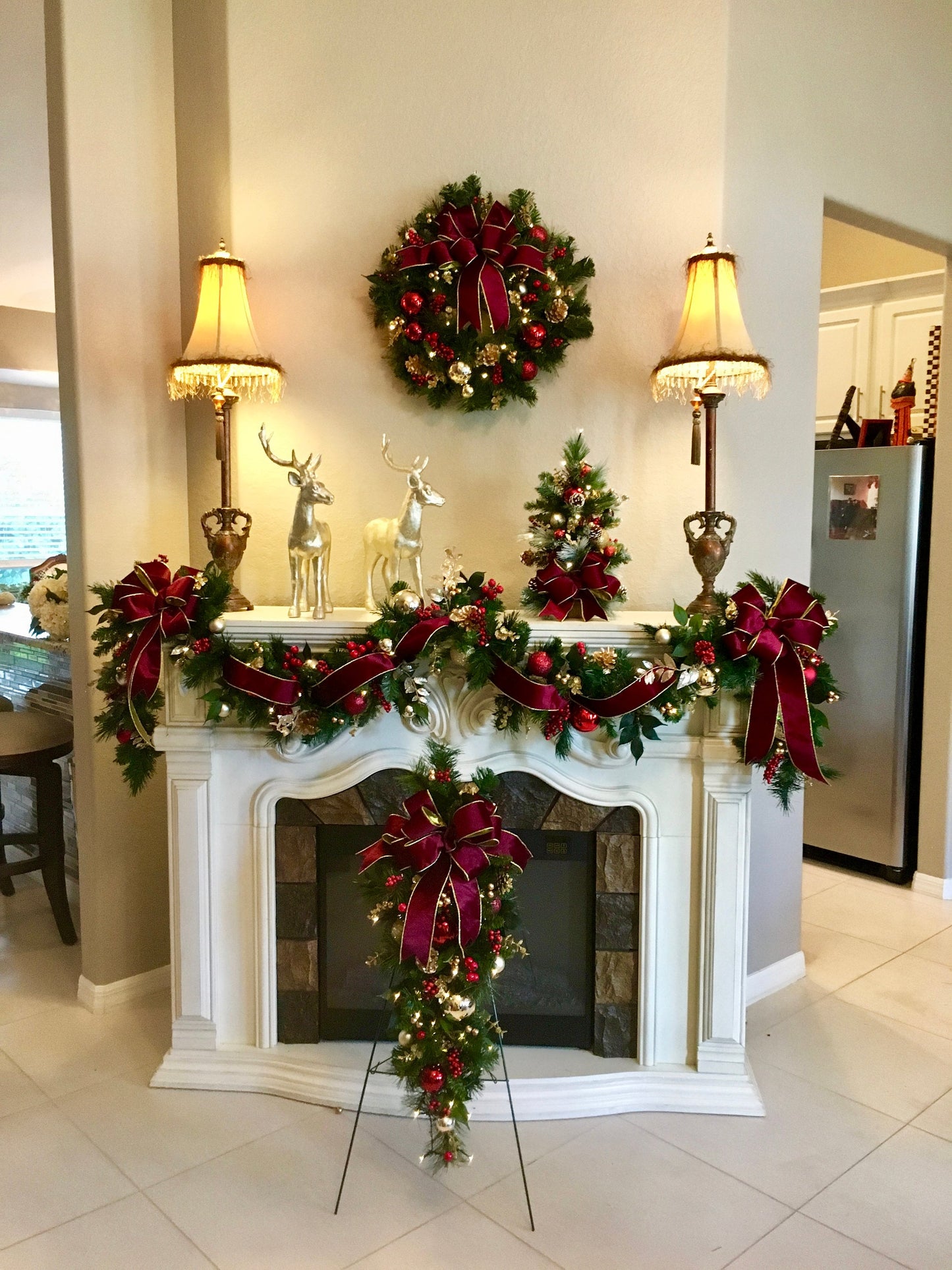 4 PC Set Christmas Wreath & Garland Set / Burgundy  Velvet Ribbons , FREE SHIPPING, Cordless, Pre-lit, Original,