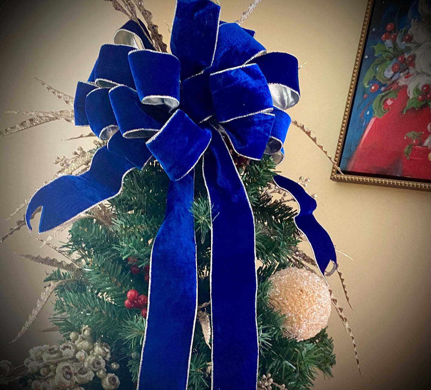 XL Christmas Bow, Beautiful Bows, Large Fabulous Holiday Tree Topper, 12"x12"x32"  14Loop with 4 Cascade  Tails.   FREE SHIPPING,