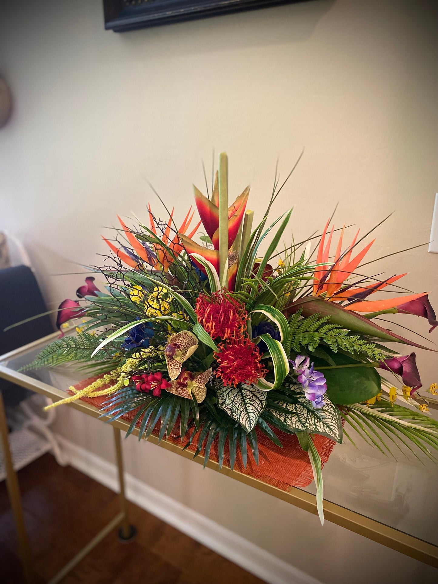 Heliconia and Blue Paradise Accent. Amazingly life like Arrangement. Artificial. Bird of paradise, Orchid and Coral fan. 30"x16"x17" h
