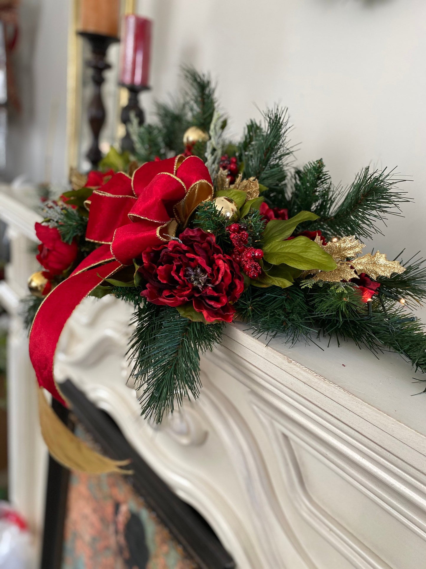 Adorable Red Velvet Garland, Mantle Centerpiece with large Bow. 36inch FREE SHIPPING,  Artificial, 48 LED light with  Timer,