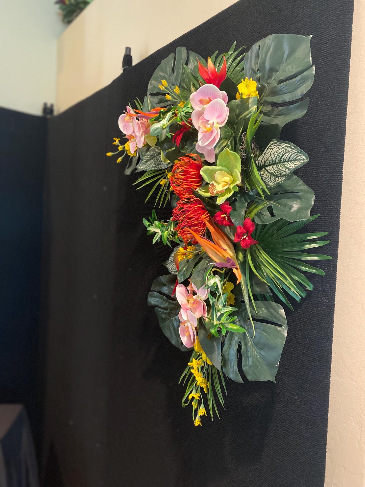 Paradise found. Fabulous Party Corner  Decorations . Tropical Centerpiece. Bird of Paradise, Arrangement, Artificial, Faux, Silk,