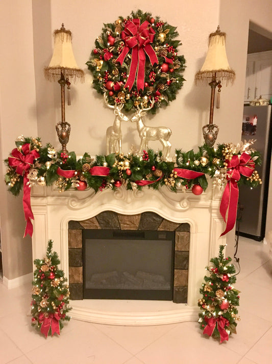 Red Velvet Set of 4pc,  Christmas Red Velvet Wreath, Garland and 2 Topiaries. FREE SHIPPING. Cordless, Pre-lit, pre- Decorated.