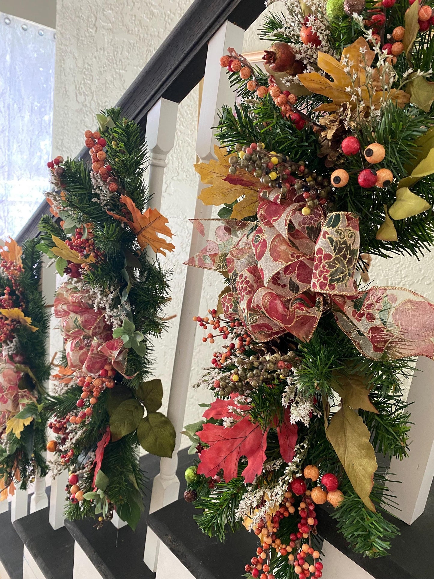 Fall Luxury 3 pc Set Thanksgiving Swag for Stairs,  Artificial Decor (Pre Lit with Automatic Timer) Free Shipping, Orange, Vertical Swags.