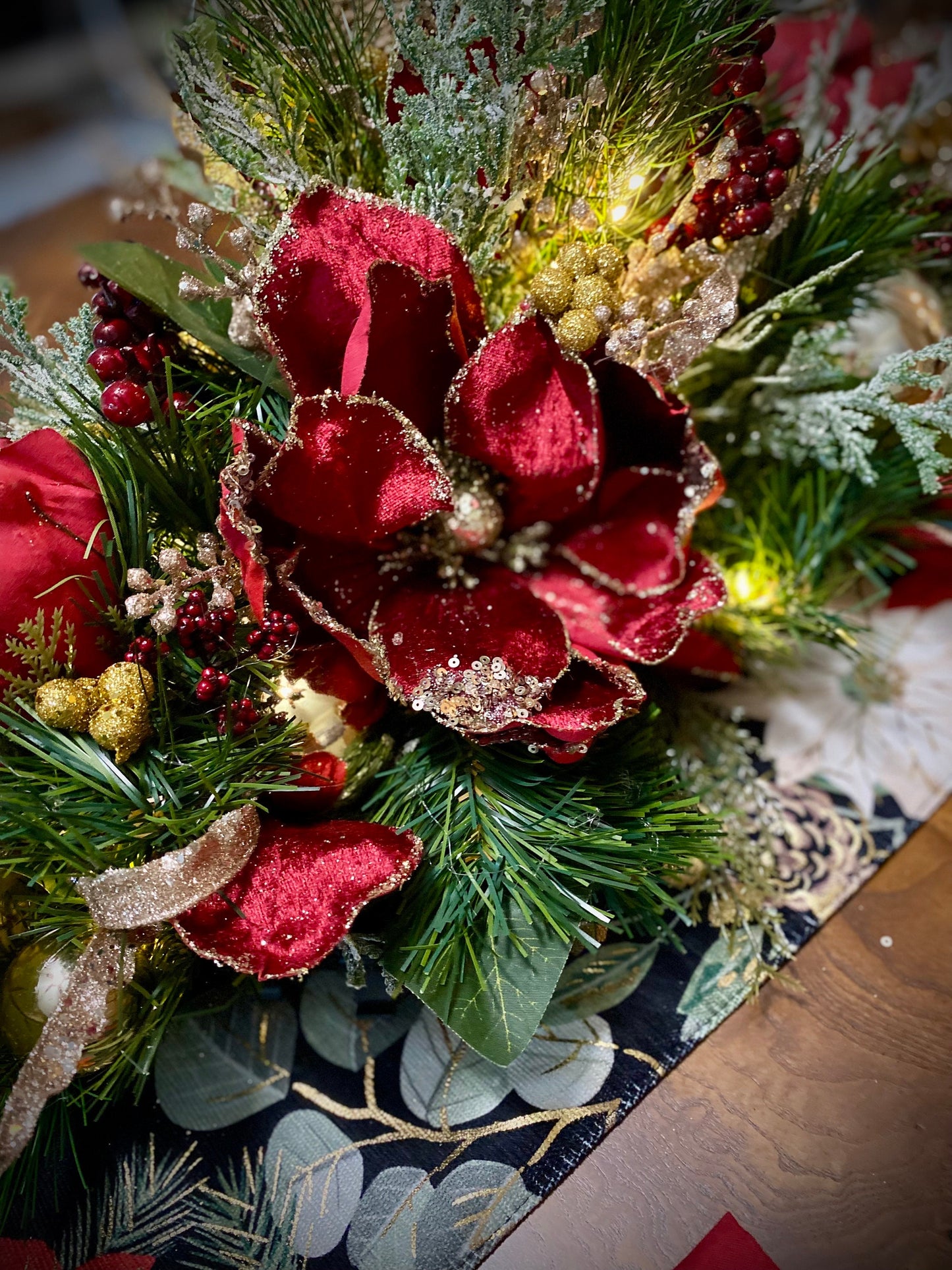 Velvet Wine Red Magnolia Holiday Centerpiece, LED Lights & Timer