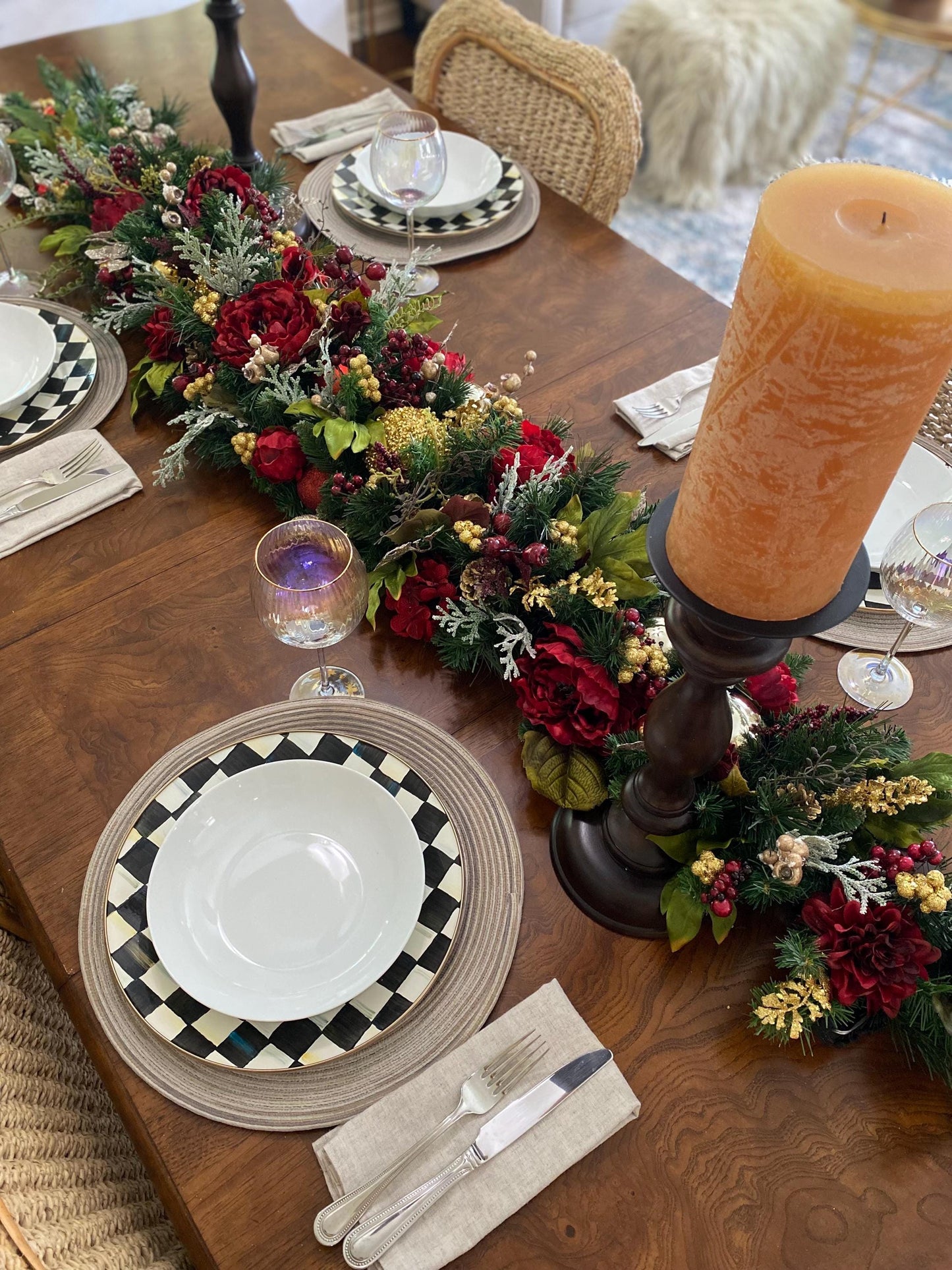 Luxe  Holiday  Table Runner. Artificial 6 feet long  Velvety Wine Red Peony . Perfect  for long table.