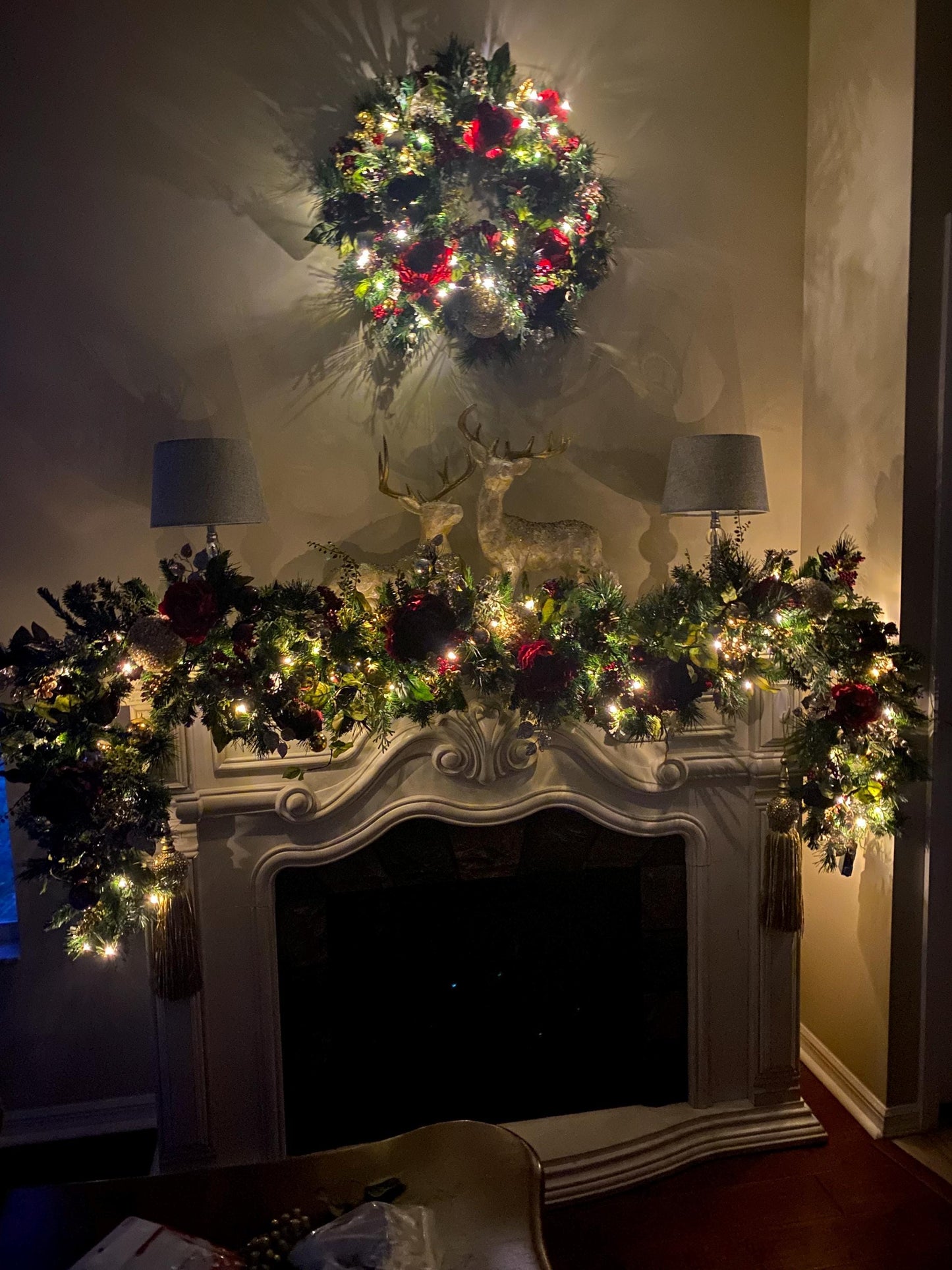 Luxury Red Peony Christmas Wreath and Garland Set, Cordless Pre-lit Decor