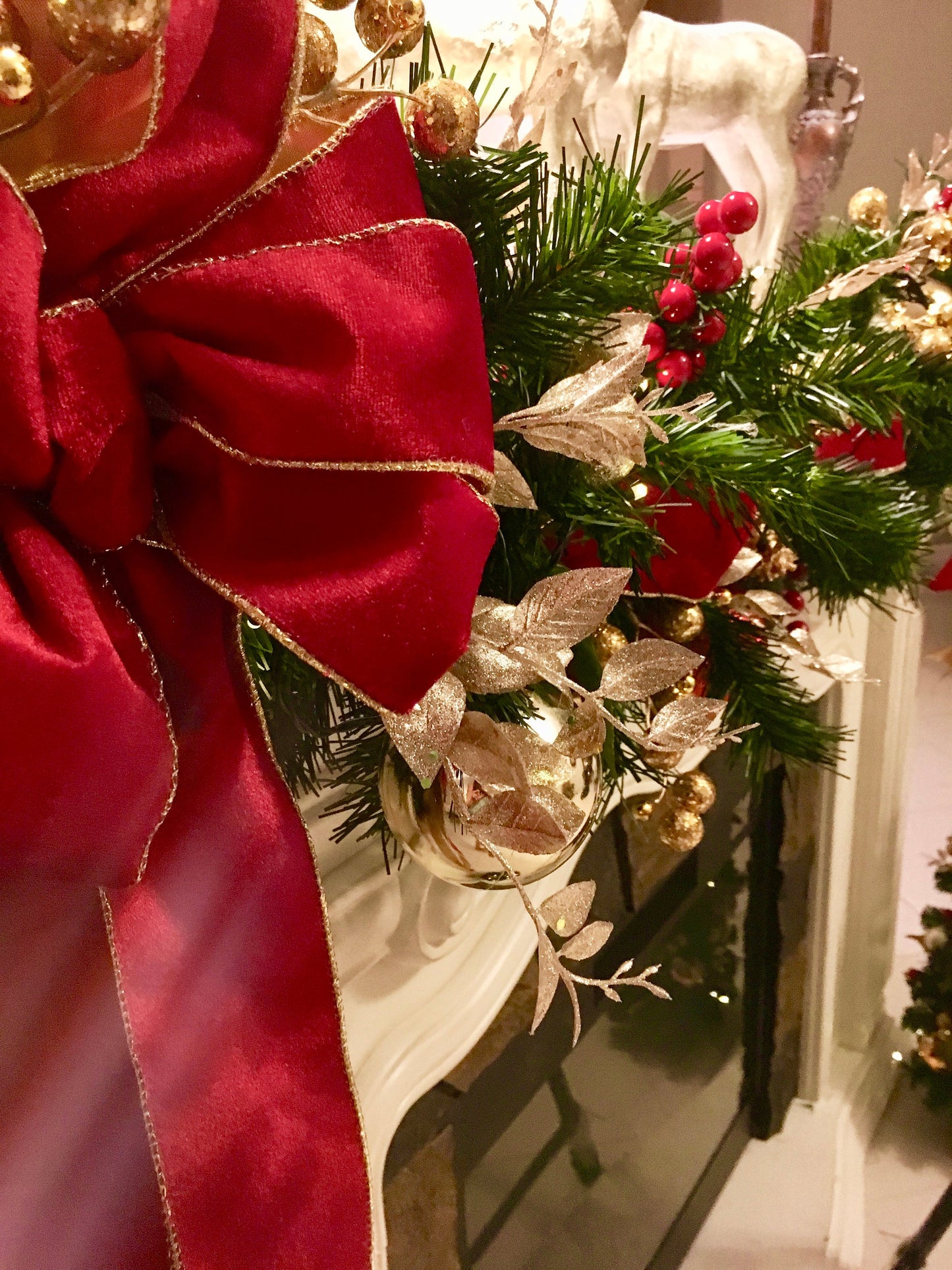 Red Velvet Set of 4pc,  Christmas Red Velvet Wreath, Garland and 2 Topiaries. FREE SHIPPING. Cordless, Pre-lit, pre- Decorated.