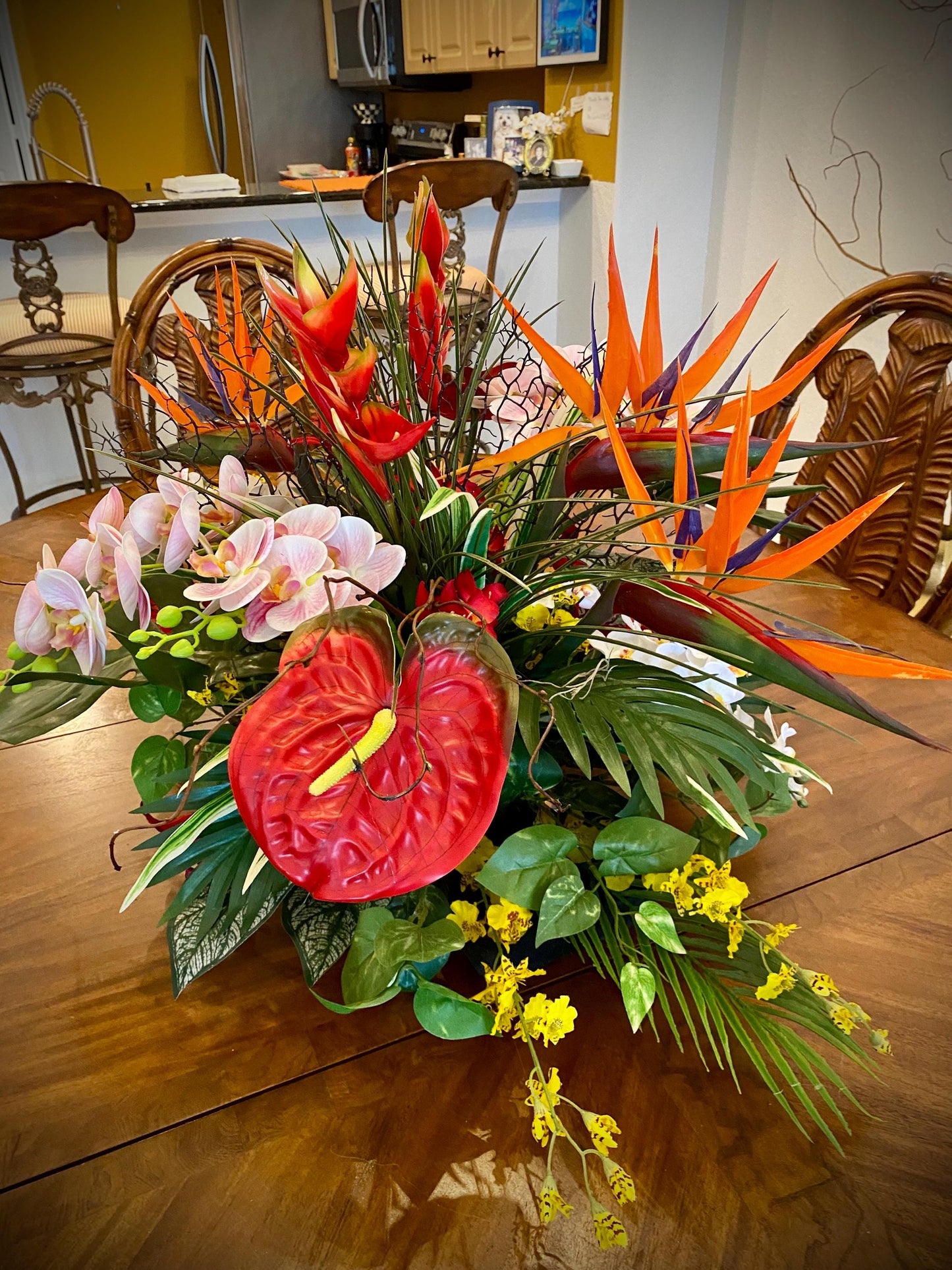 XL tropical arrangement with black wooden vessels. Heliconia, Bird of Paradise and Coral Fan.  Faux Floral Centerpiece,  (36x20x20) 8 pounds