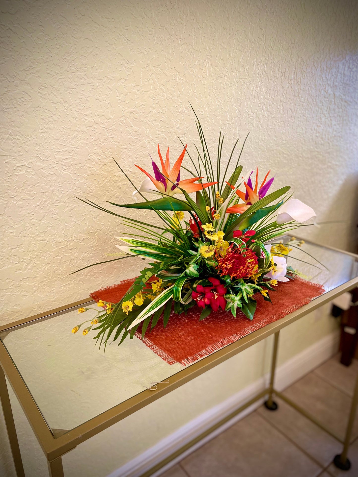 Must Have ! 30x1 3 x 13   For Dining Table. Tropical Centerpiece. Bird of Paradise, Arrangement, Artificial, Faux, Silk,