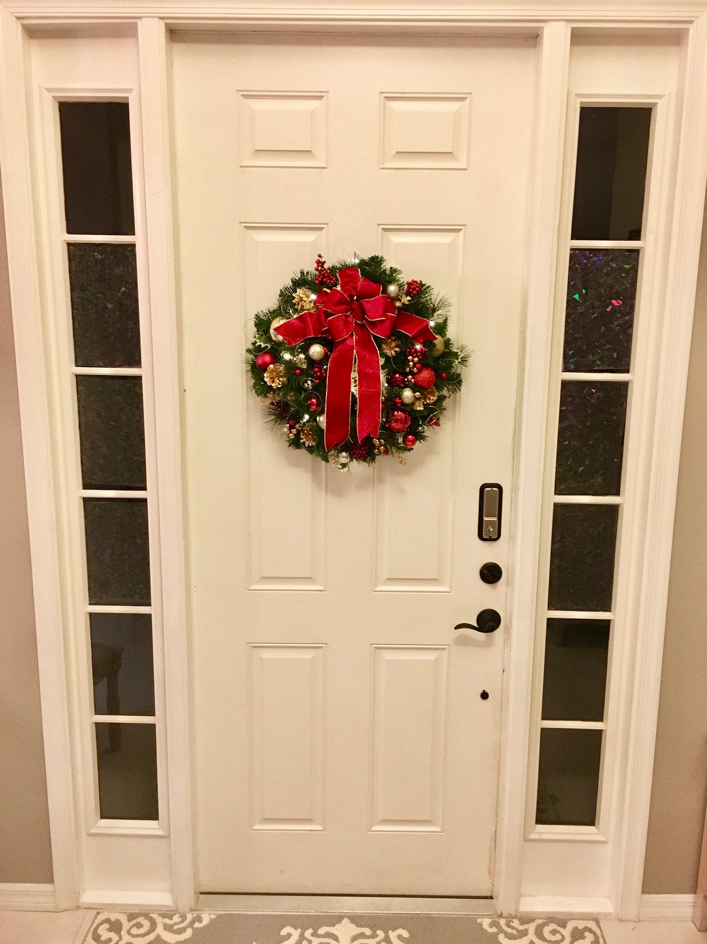 Pre-Lit Christmas Wreath, Red Velvet Bow, 48 LED, Timer