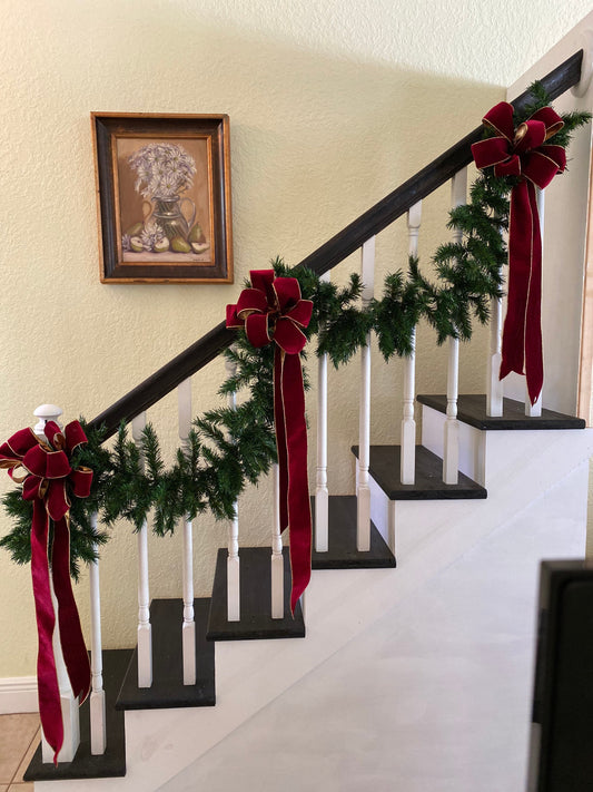 Holiday Staircase Bows, Set of 3, Red Velvet with Gold Trim