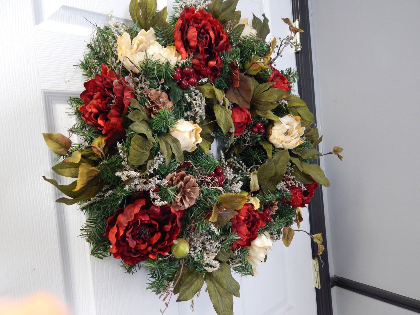 Red Peony Spring Wreath, Pine Cones & Moss Door Decor