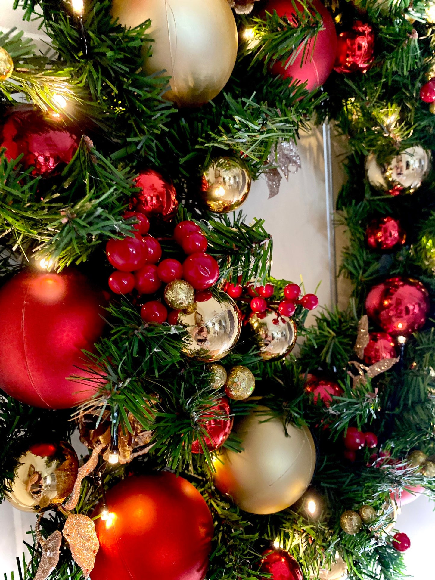On Sale !!  Wreath, Economical, 23inch Red Wreath, Red and Gold Wreath, Cordless, LED  Timed light, Elegant Wreath, Battery Operated,