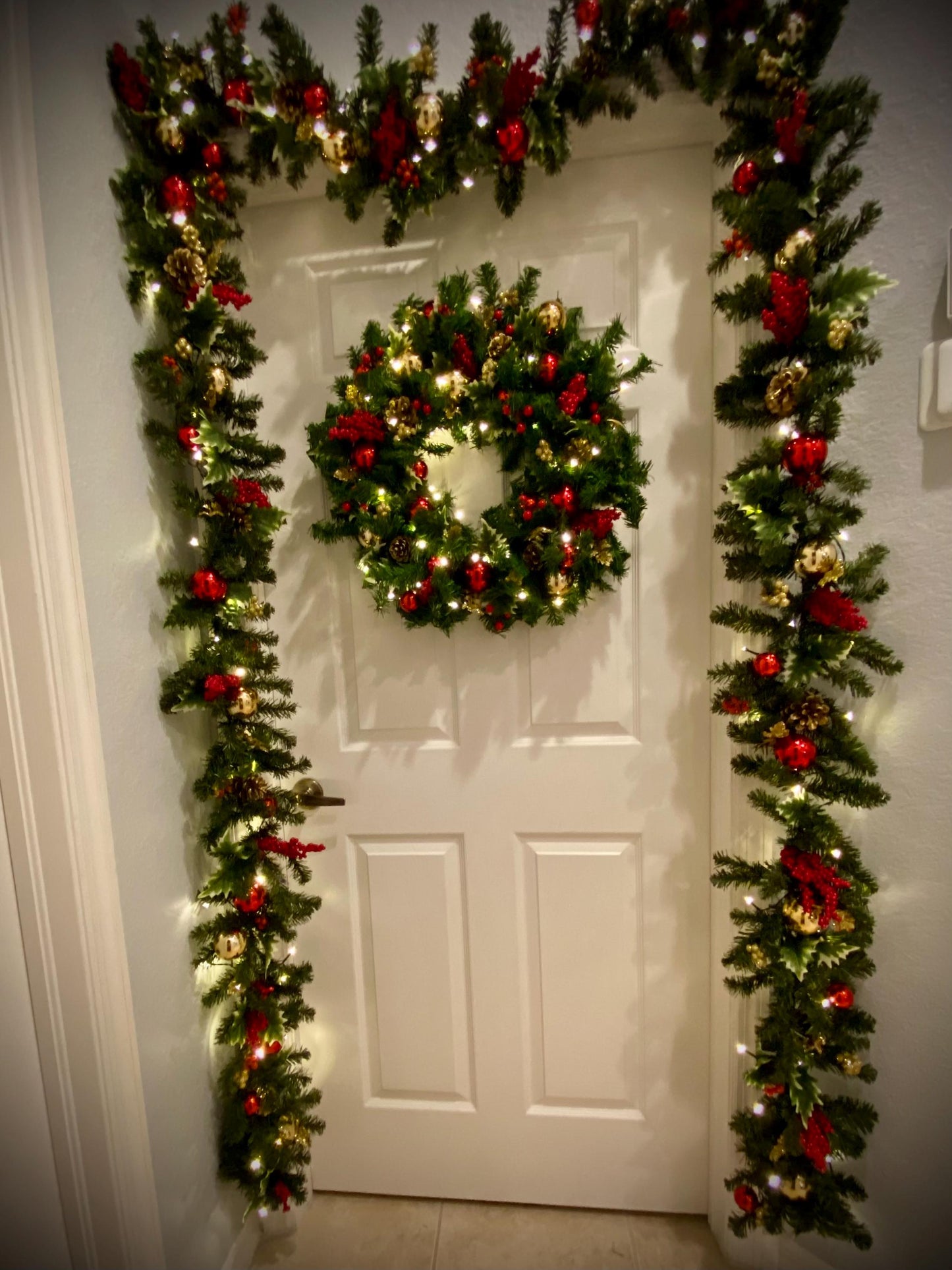 Economical Holiday Decor Set. Artificial and Simple Pre Decorated Pre Lighted Wreath with 9' Garland Included Cordless Light with Timer.