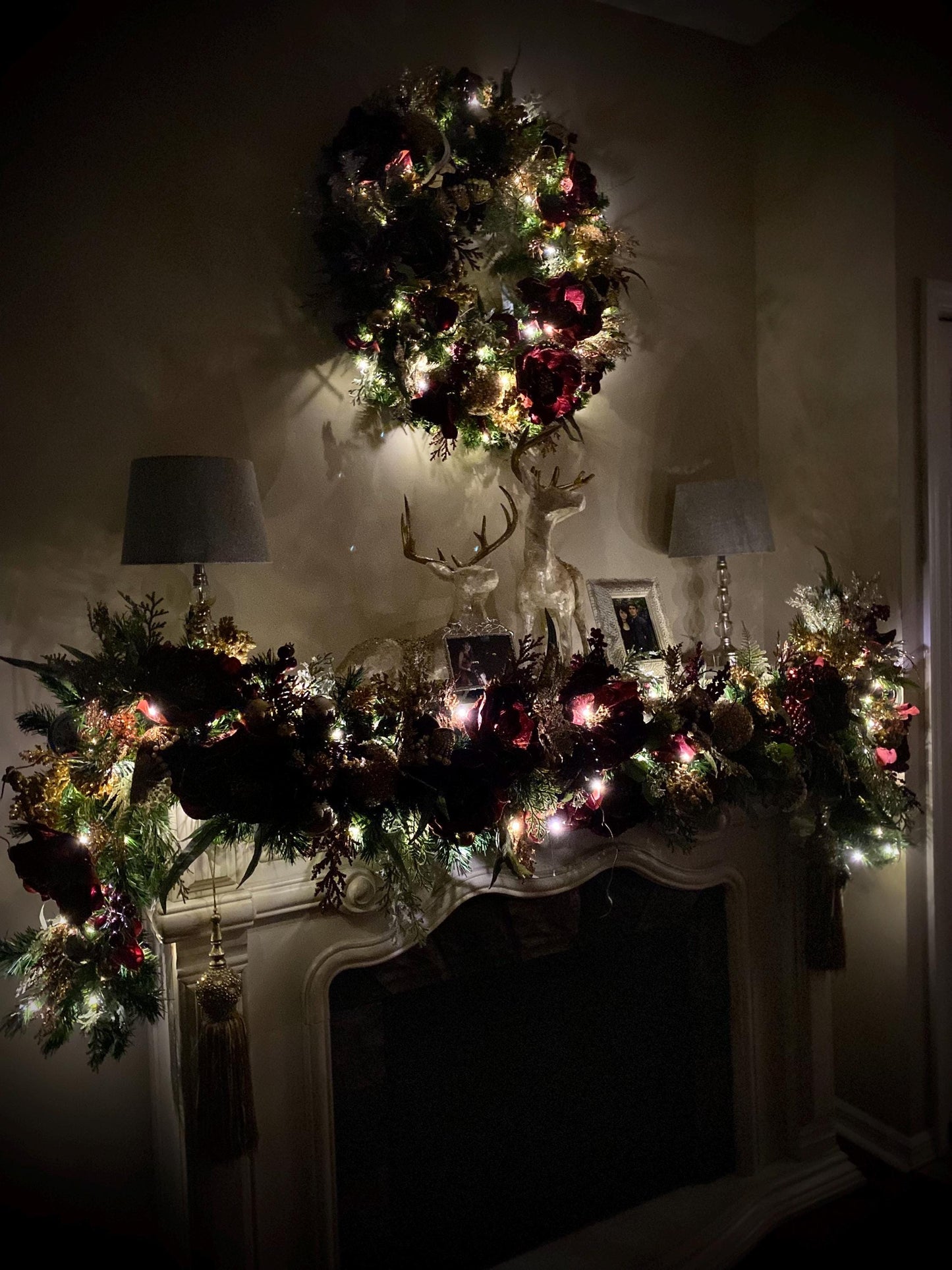 Signature Design, 3 pc set .   Stunning “Pinot Noir Magnolia”  Wreath,Garland and Center Piece,  Cordless LED light with Automatic Timer,