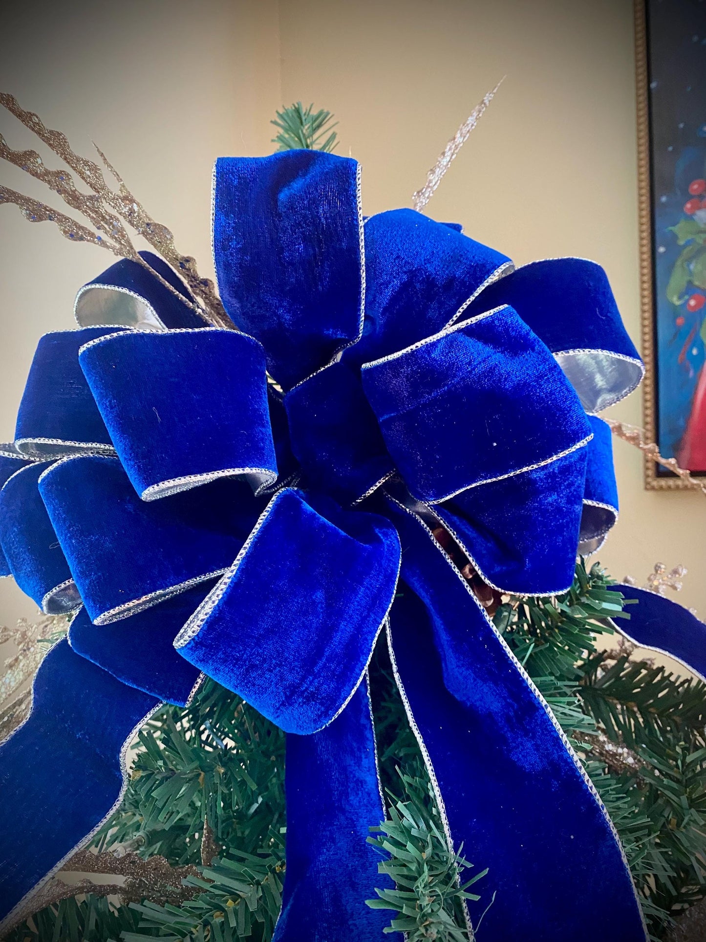 XL Christmas Bow, Beautiful Bows, Large Fabulous Holiday Tree Topper, 12"x12"x32"  14Loop with 4 Cascade  Tails.   FREE SHIPPING,