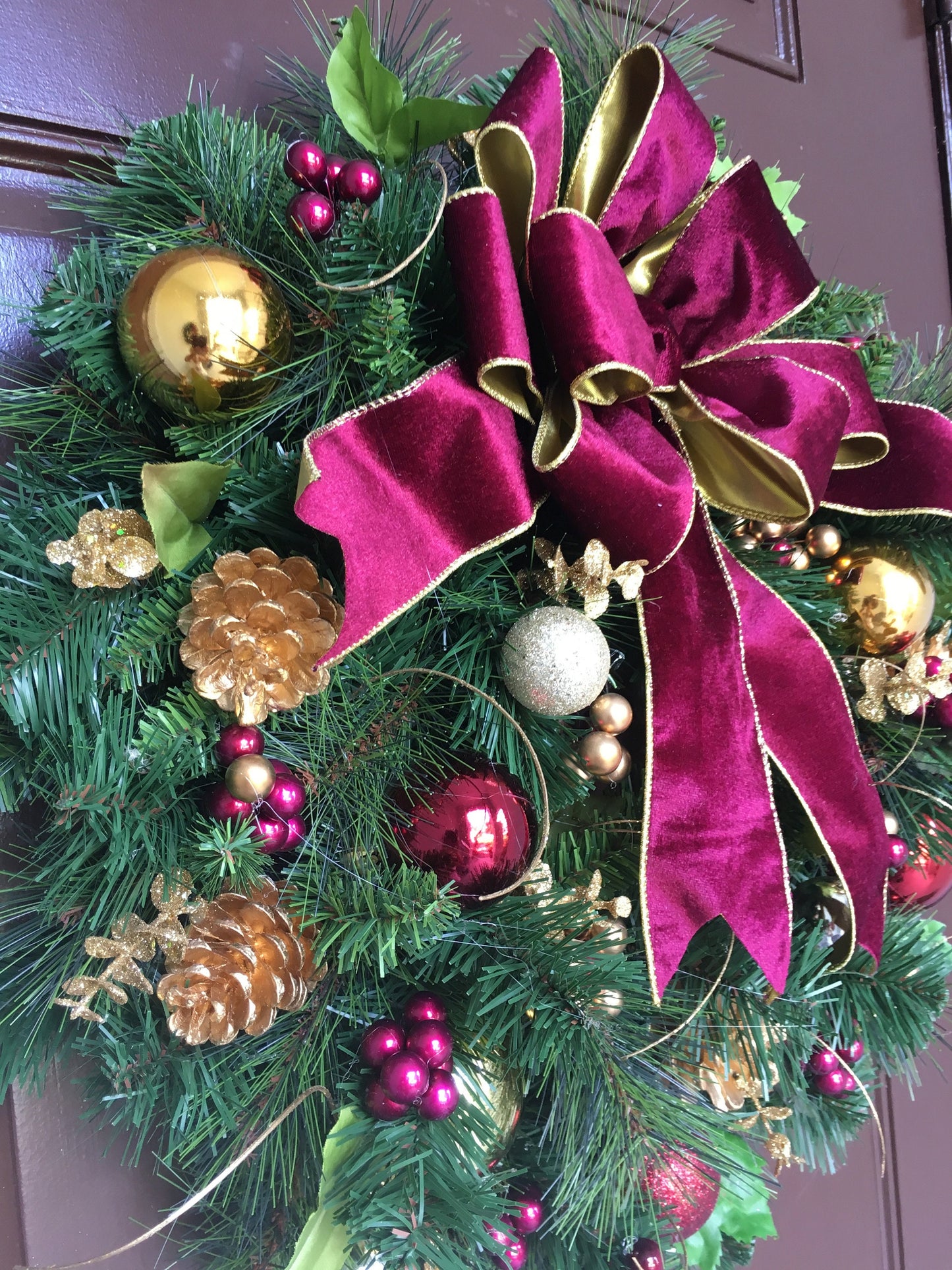 Burgundy Velvet Christmas Wreath with Cordless LED Timer Lights, Luxury Holiday Door Decor.