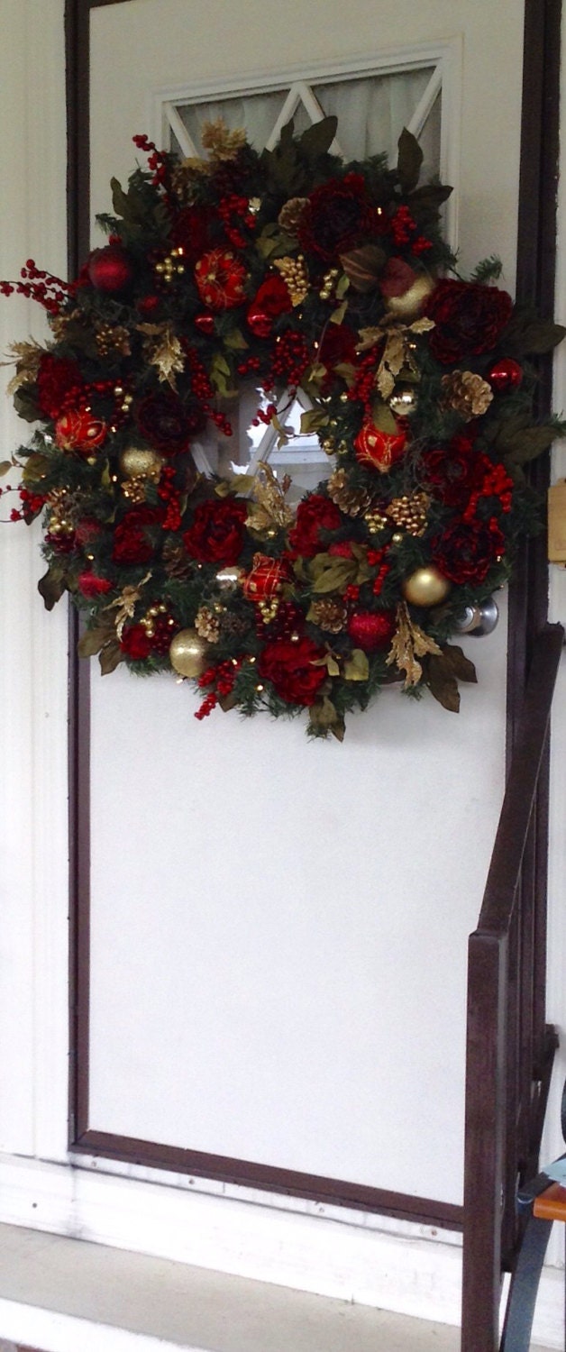 XL  36" Red Christmas Wreath,Wreaths, Pre Lit LED Cordless Light, Ruby Red, Gold, Peony Mix. Artificial, Ever Lasting,  Burgundy, Elegant,