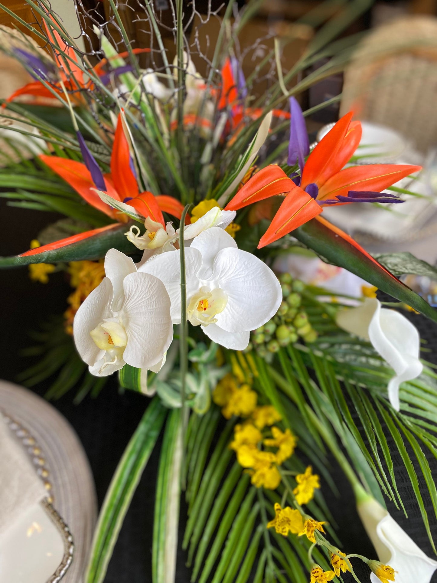 Tropical Bird of Paradise Centerpiece, Faux Orchid Coral Fan, 30"