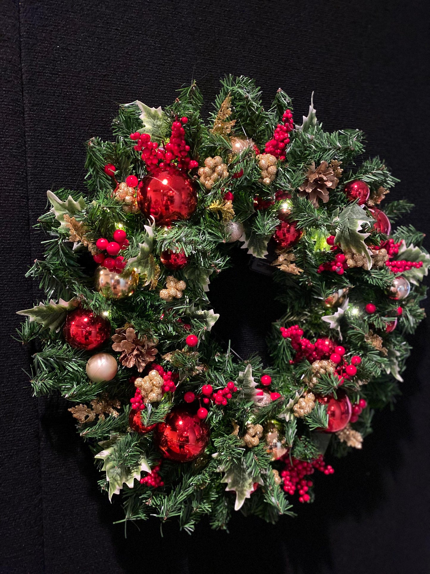 Red Holly Berry Christmas Wreath with Timer Lights, 23Inch Holiday Front Door Decor,