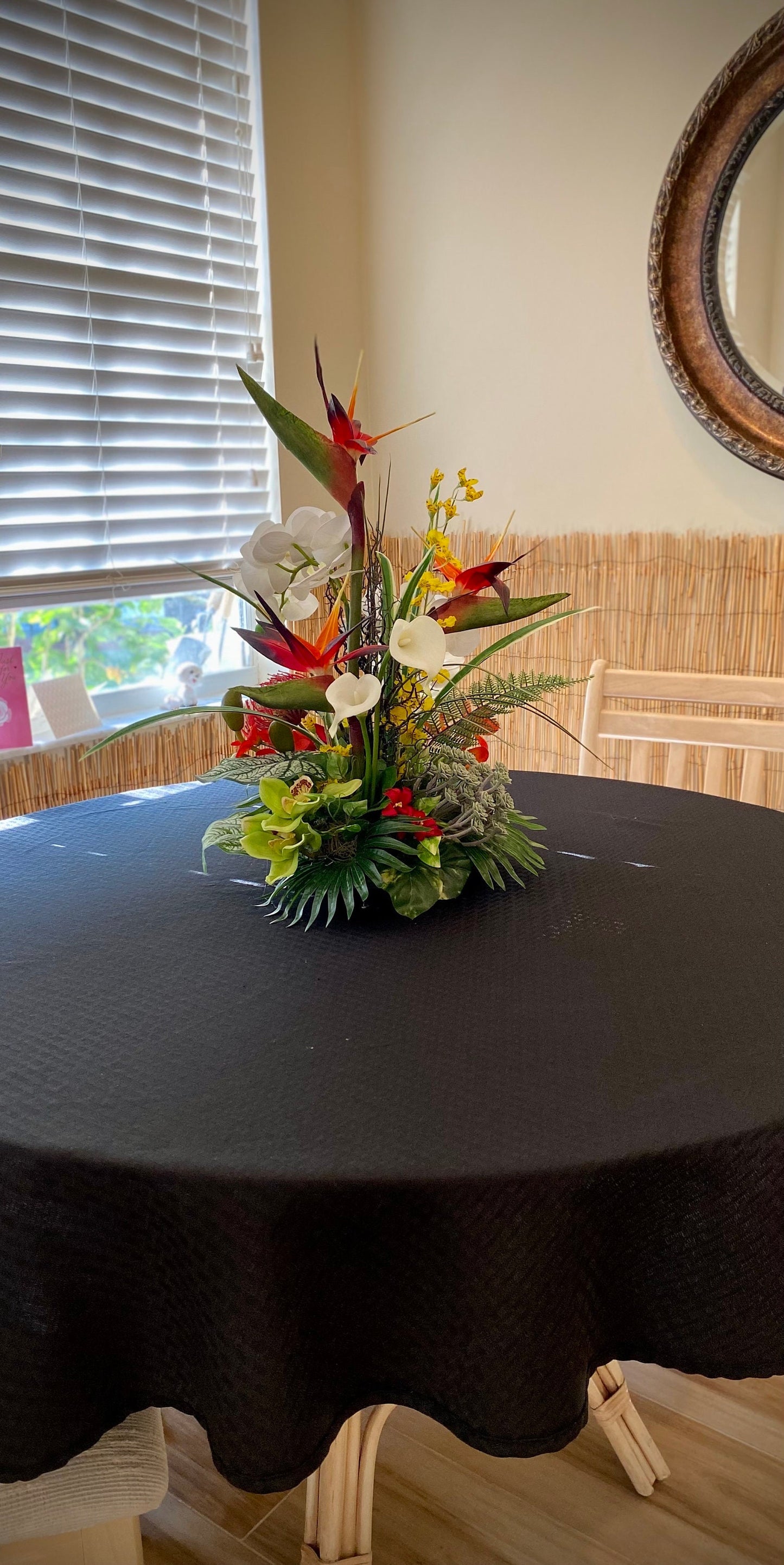 Exotic Elegant. Bird of paradise, Sea-fan, Succulent Tropical Centerpiece. Artificial. 24x13” 3 pounds. Great for medium dining table size.