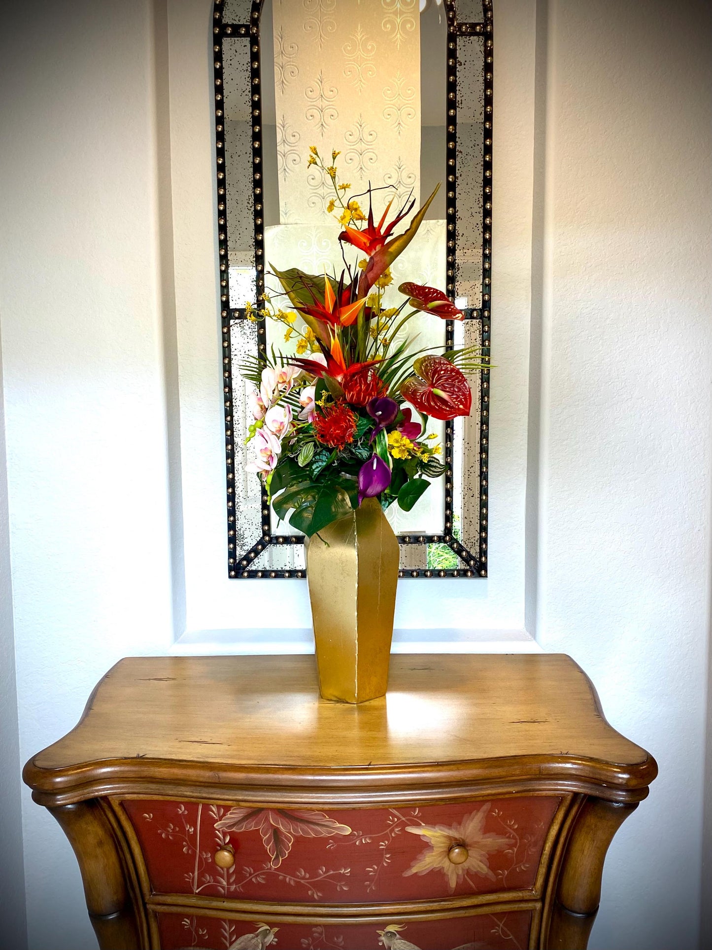 Beautiful High Profile Tropical Arrangement, Artificial Centerpiece,  42" tall x 13" diameter