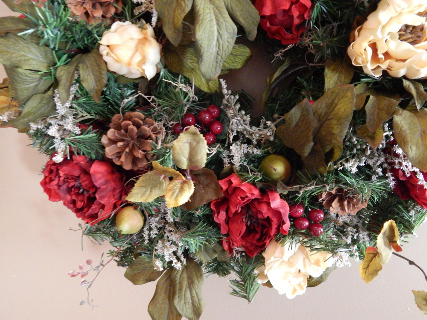 Red Peony Spring Wreath, Pine Cones & Moss Door Decor