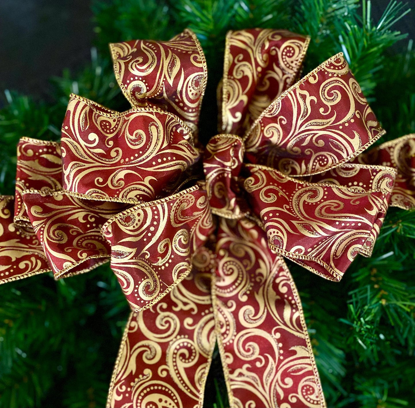 Large Christmas Teardrop Swag, Red Velvet Ribbon, Cordless Lit Wall Tree