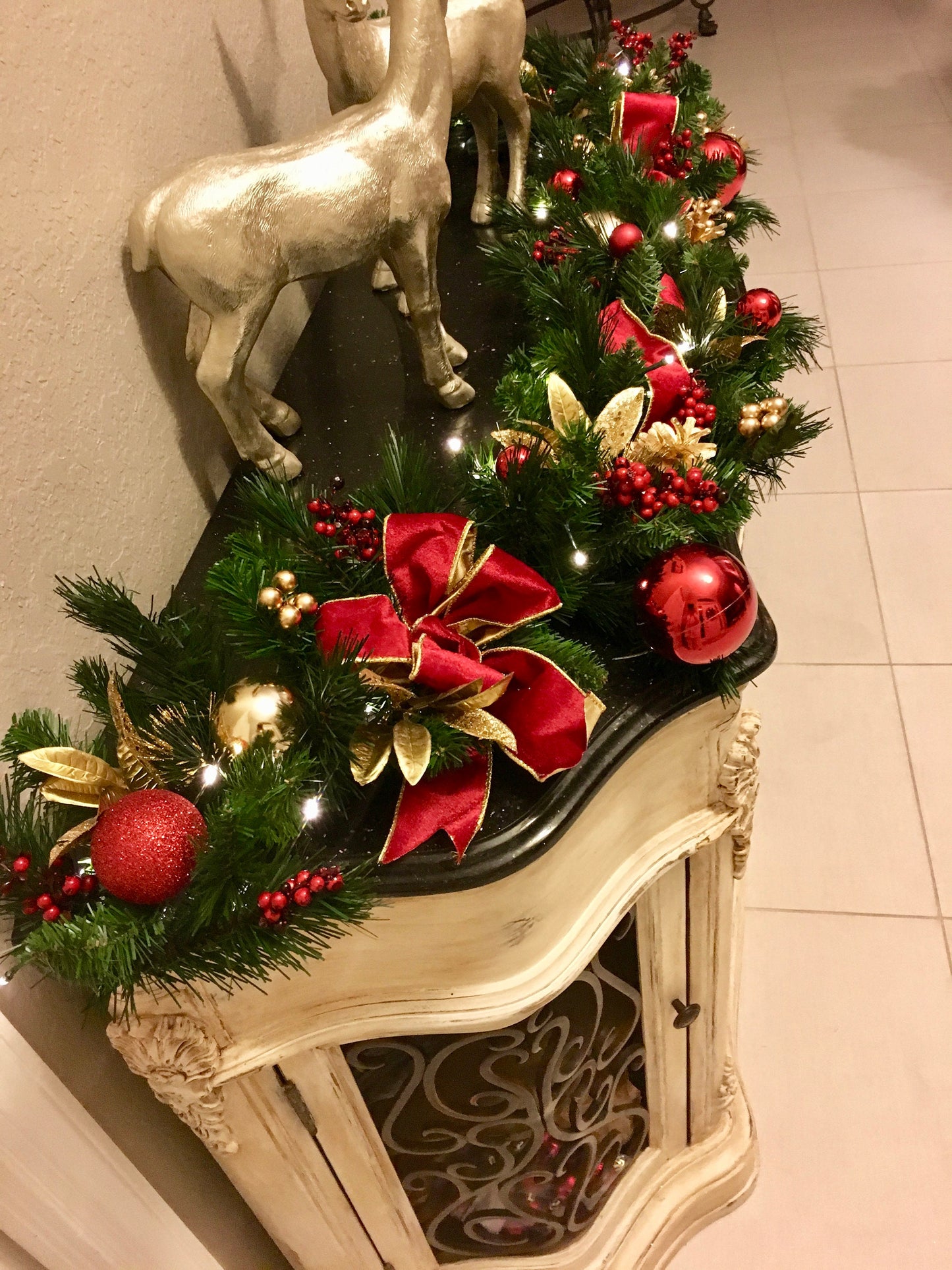 Red Velvet Christmas Garland, 5ft, 48 LED Lights with Timer