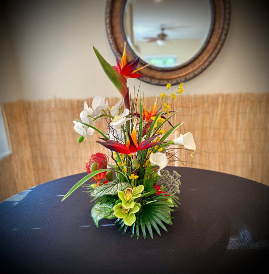Exotic Elegant. Bird of paradise, Sea-fan, Succulent Tropical Centerpiece. Artificial. 24x13” 3 pounds. Great for medium dining table size.