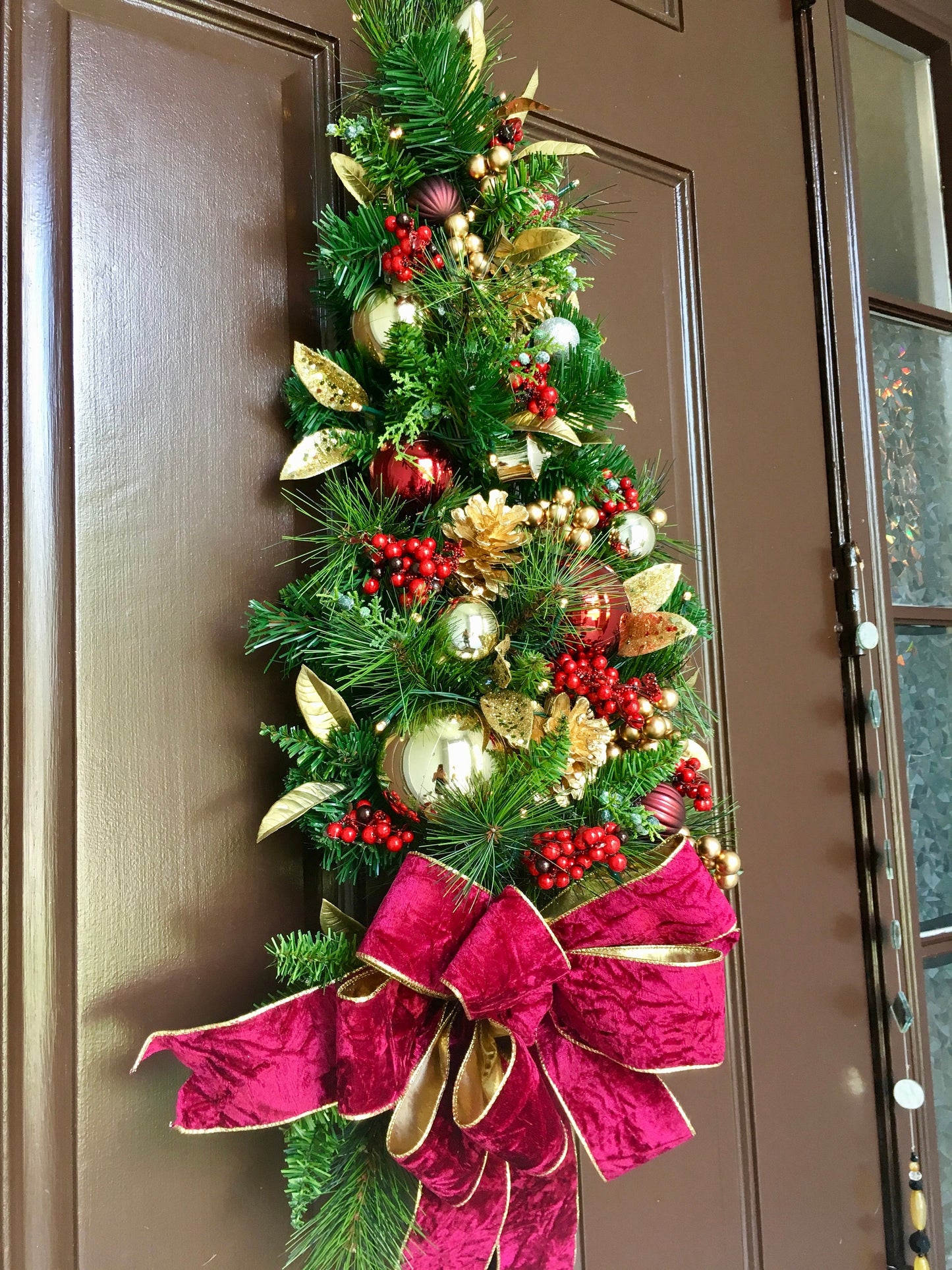 Christmas Teardrop Swag, Burgundy Velvet Bow, Battery Lighted Wall Tree