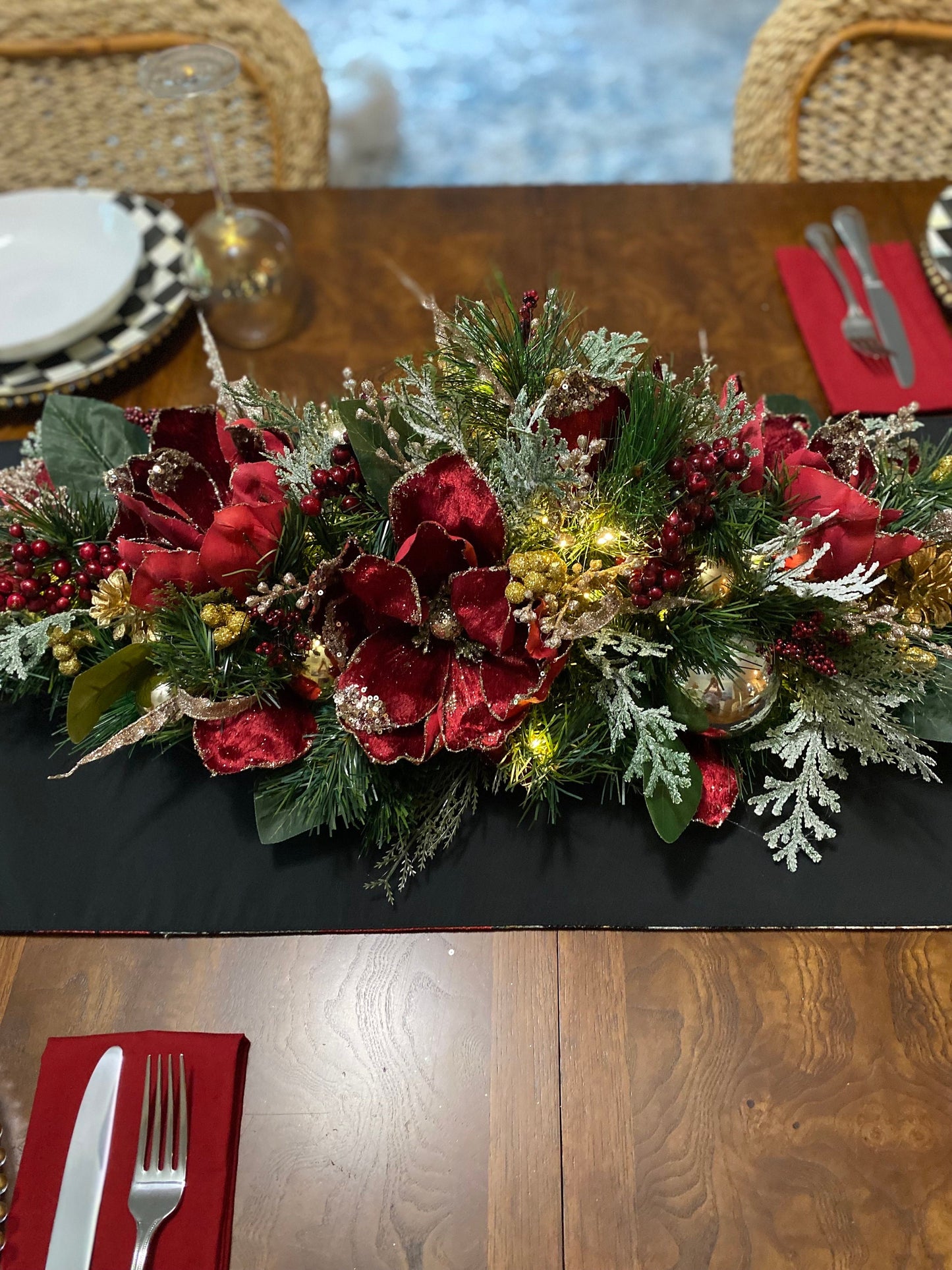 Velvet Wine Red Magnolia Holiday Centerpiece, LED Lights & Timer