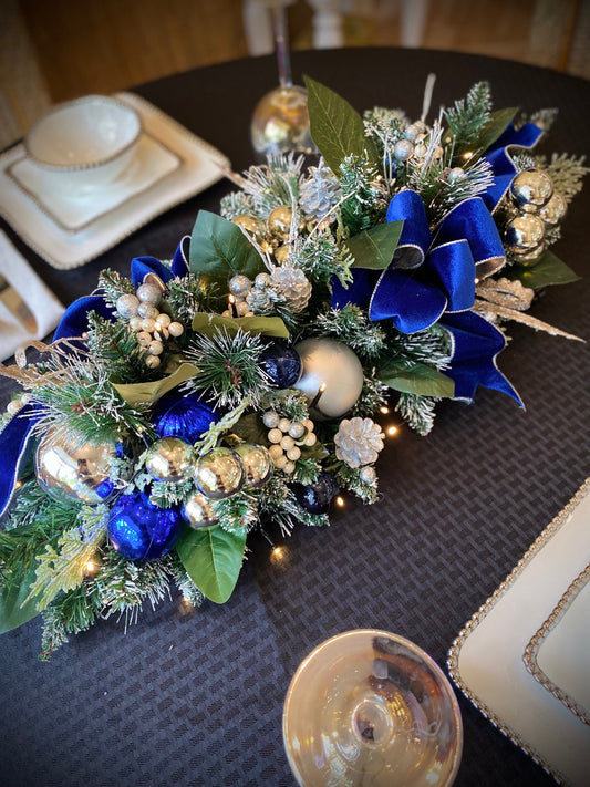 Blue Velvet Holiday Table Runner with Silver Trim, LED Lights