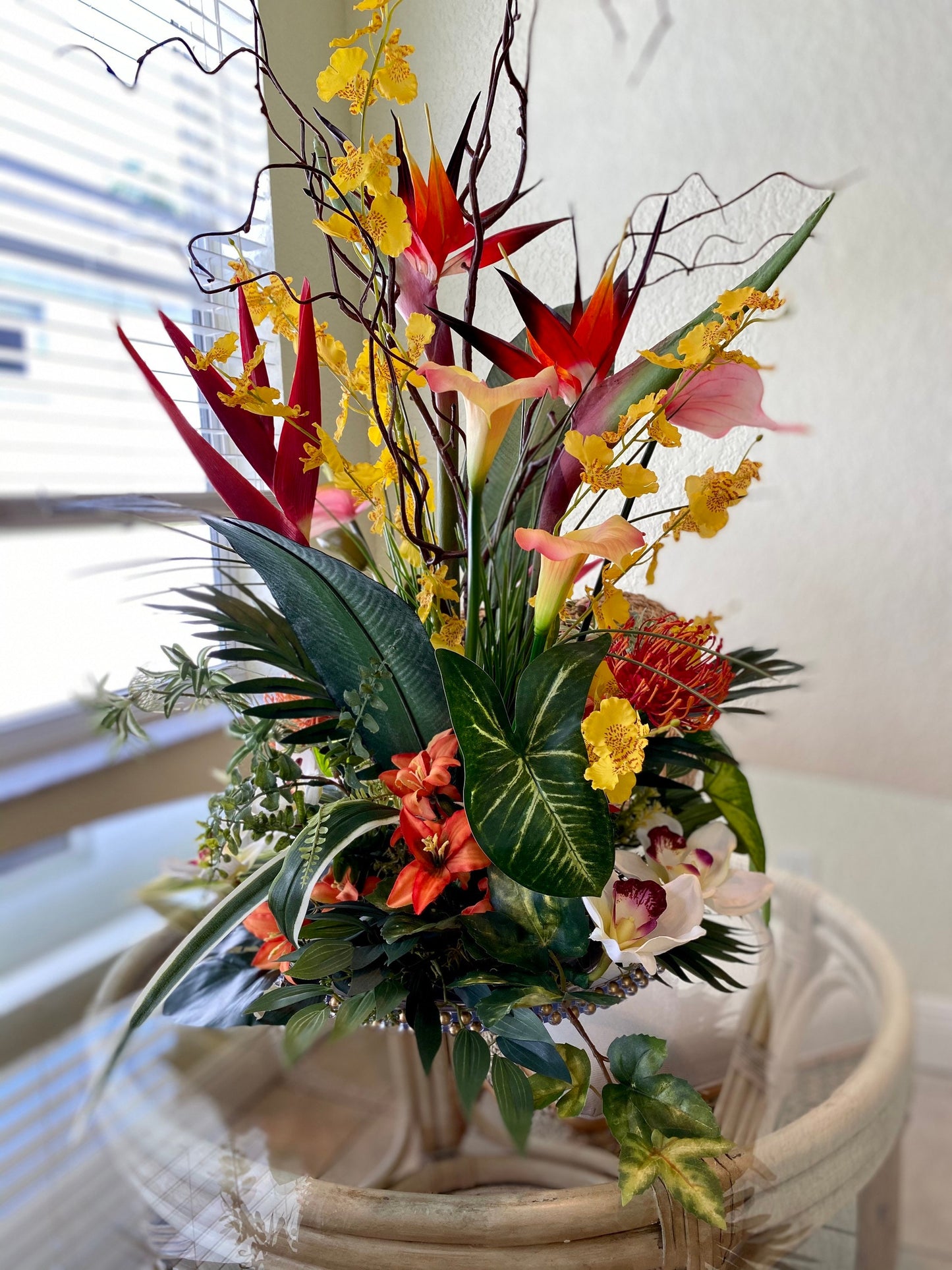 Luxury Tropical Bird of Paradise Centerpiece, Orchid & Anthurium Arrangement
