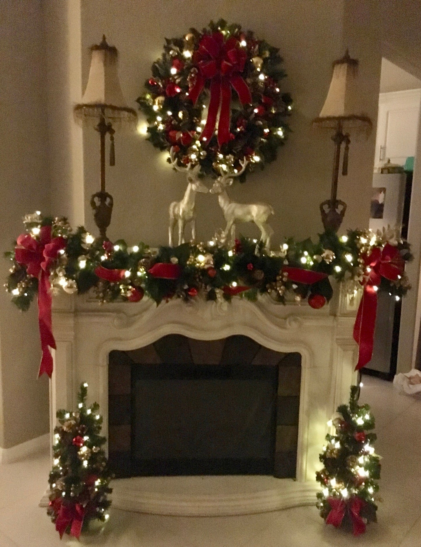 Red Velvet Set of 4pc,  Christmas Red Velvet Wreath, Garland and 2 Topiaries. FREE SHIPPING. Cordless, Pre-lit, pre- Decorated.